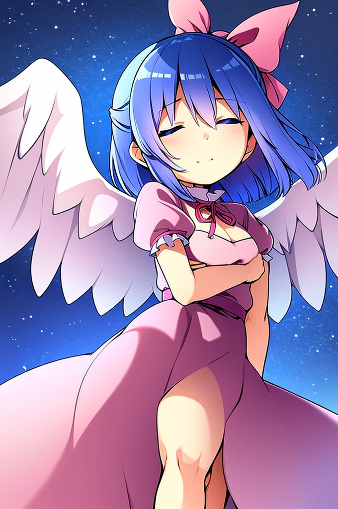 masterpiece, best quality, 1girl, , , 10 years old, medium blue hair, hair flaps, pink ribbon on head, well-formed face, blue eyes, angel girl, white blouse, puffy short sleeves, red ribbon, angel wings, long white skirt, red shoes, frills, ribbon head, from behind, to lift up one’s skirt, cowboy shot, from front, standing , raise one leg, crossed arms, arms up behind, arms behind back, hand between legs, put hands hip, one hand on hip, forward hands, arms raised in the air, punch hands, peace sign, waving, put up index finger, sit, lie down, closed eyes, lie face down, looking back, put one hand chest, leaning forward, cleavage, close up, horizontally outstretched arms, horizontally outstretched legs, front view, front face