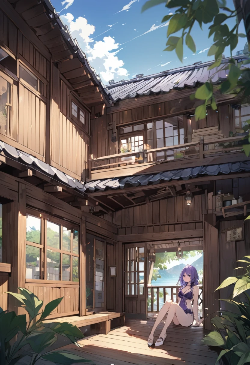 Keito。Purple Eyes。Purple Hair。Purple Swimsuit。Wooden villa