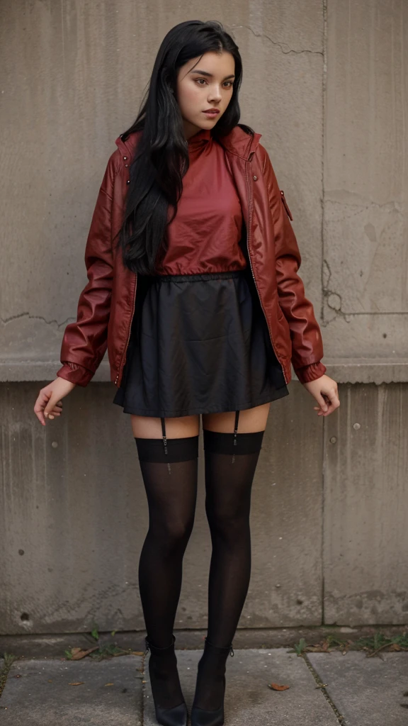 19 year old girl medium long black hair with short dress pantyhose, short stockings and red jacket