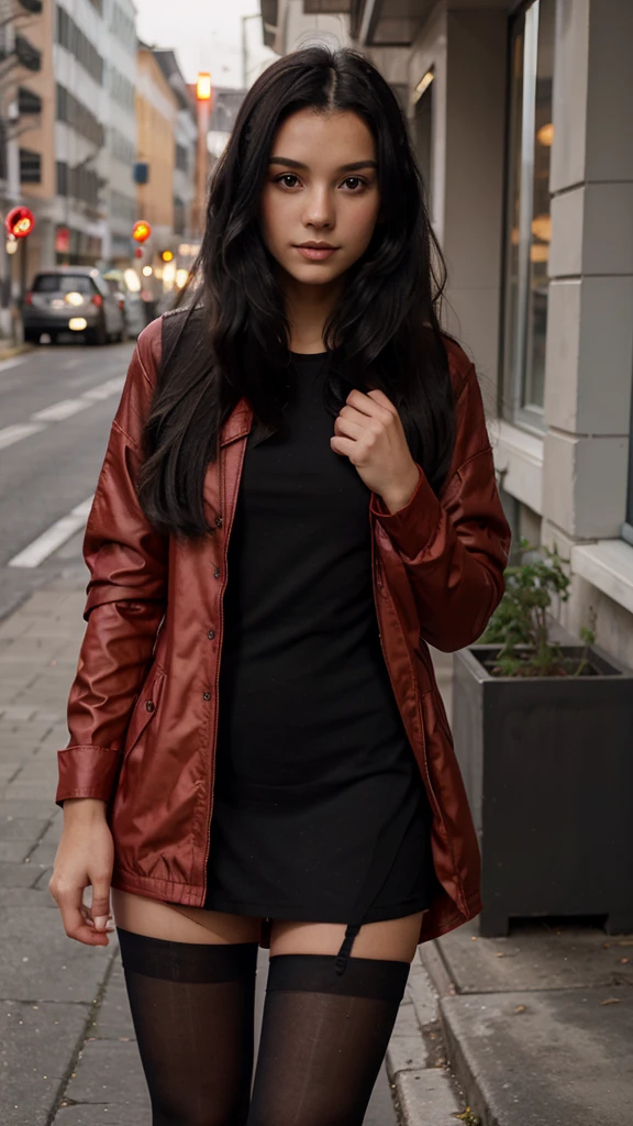 19 year old girl medium long black hair with short dress pantyhose, short stockings and red jacket