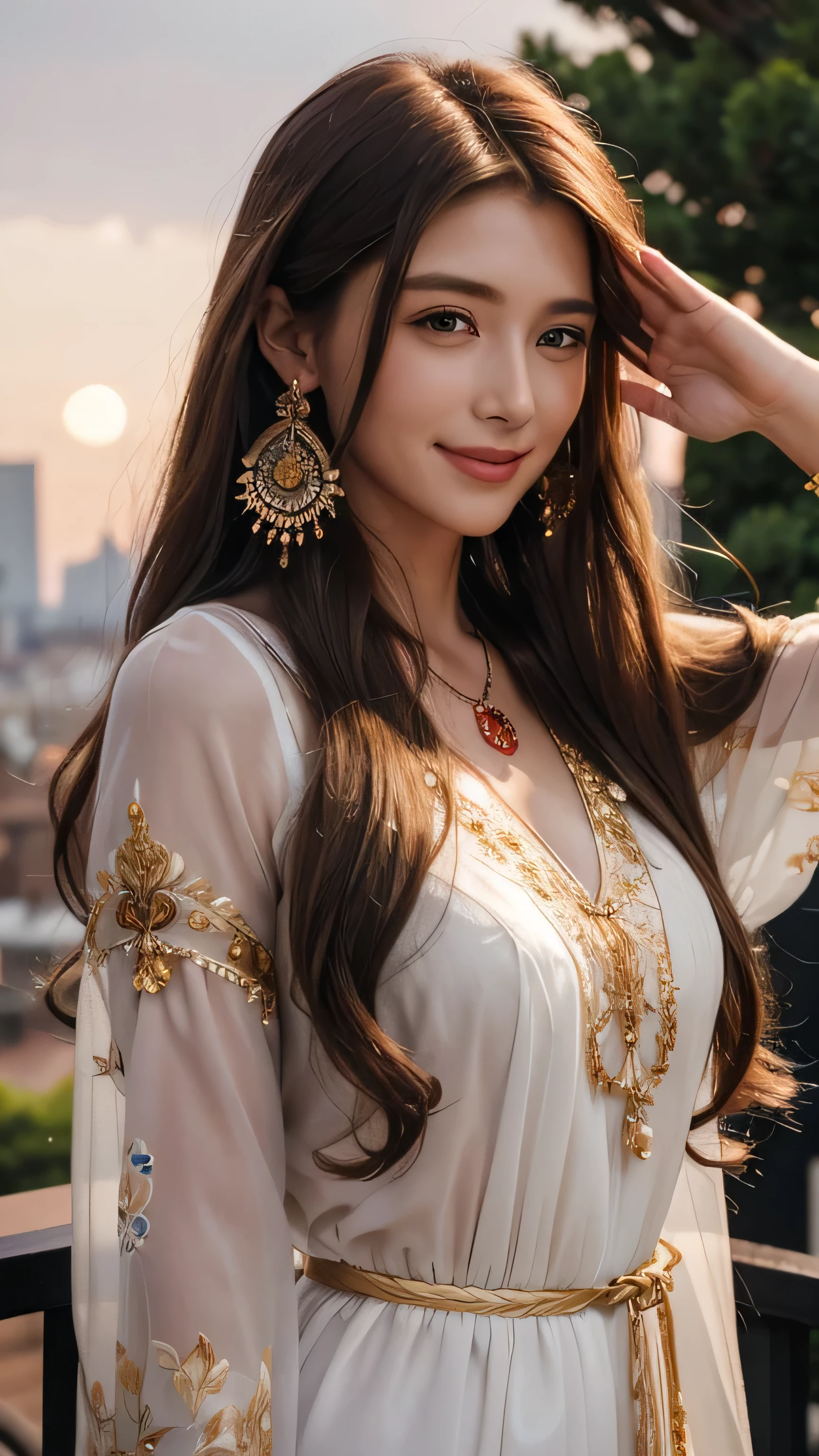 Blonde long-haired woman, Iris, Red Jewelry, Red earrings, moon, Noble, Lady, high quality, Very detailed, Detailed face, masterpiece, city, garden, Flowers, Light,(((Upper body portrait))),Super long brown hair,Hair with loose waves inside,Long hair_Hair reaching down to the waist、gold necklace＿Large earrings、((A shy smile:1.3)),wearing Floral blouse with ribbon tie_long see-through sleeves、standing gracefully、full figure supermodel standing, entire body in frame、Late at night, Standing on a hotel balcony with a beautiful night view,((salute:1.3)),