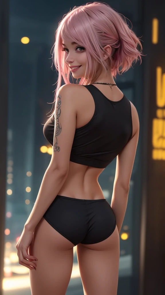 1girl, light brown skin, short pink hair, green eyes, wearing plain red shirt, black leather shorts, city, absurdres, high res, ultrasharp, 8K, masterpiece, looking at viewer, showing ass