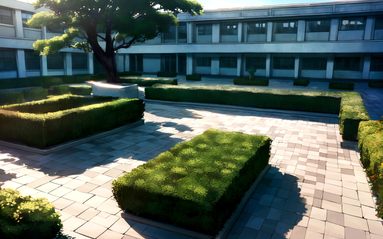 School building, centered, noon, stone paving, make it aesthetic, add few bushes and trees