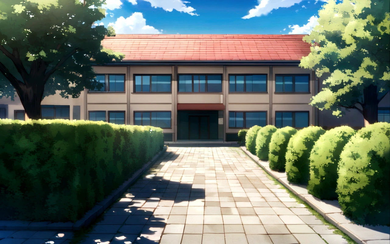 School building, centered, noon, stone paving, make it aesthetic, add few bushes and trees
