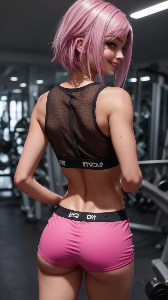 (masterpiece), perfect anatomy, intricate, (highly detailed), masterpiece, photorealistic, perfect anatomy, cinematic lighting, shading, super detailed skin, beautiful detailed eyes, best quality, ultra-detailed, (illustration), ultra-detailed, looking at viewer, (extremely delicate eyes:1.3), backless top, gym shorts, (extremely detailed backless top), (extremely detailed gym shorts), (arm tattoos:1.1), armlets, (pink hair:1.3), (short hair), (bangs hair), (spa background), happy theme, indie aesthetic, smile, dynamic pose, vibrant colour, shadow, contrast, refraction, perspective, depth, good anatomy, stunning details