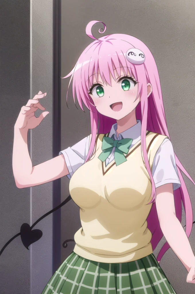 masterpiece, Highest quality,
Lara Deviluke, Lala Satalin Deviluke, Green Eyes, eyelash, Pink Hair, Long Hair, Straight hair, Ahoge, hair ornaments, tail, demon tail, Large Breasts,
Sainan High , , shirt, white shirt, collared shirt, bow tie, green bow tie, Short sleeve, Sweater vest, Yellow Sweater, skirt, green skirt, pleated skirt, plaid skirt,
Heart Background, Upper Body, arrive,
blush, smile, Open your mouth, :d,