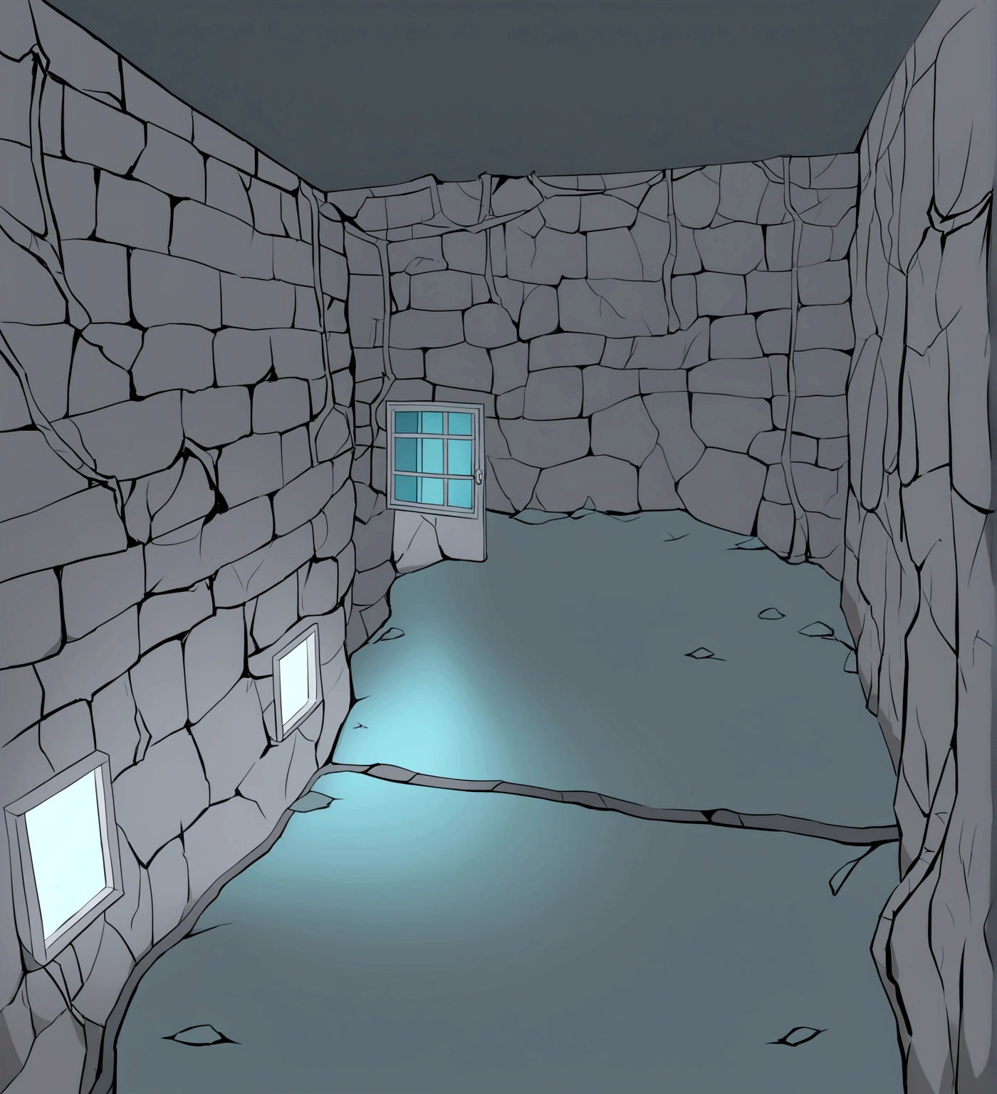 underground location, basement, traces of blood on the walls, small window with bars at the top of the room, through which the light shines, The ceiling of the stone room is covered with cobwebs and tree roots, emphasis on the window, dark stone walls around, darkness, anime style, Manga, fantasy, Middle Ages, basement находится под зданием, the camera is aimed at the window and the light from it, dispelling the darkness of the room
