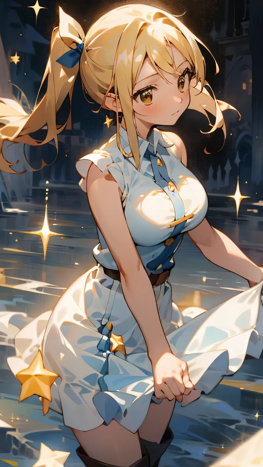 ****************、One girl,Expressionless、Fantastic look、Fairy, Pointed Ears, masterpiece, Highest quality, High resolution, Lucy Heartfilia, Lucy Heartfilia, One girl, alone, Blonde Hair, Brown eyes, Long Hair, Side Ponytail, Hair Ribbon, Big Breasts, Earrings, Thigh-high boots, Blue Shirt, No sleeve, White Skirt, Dark Background, starlight, star,starをすくう、手のひらでstarを救い上げる