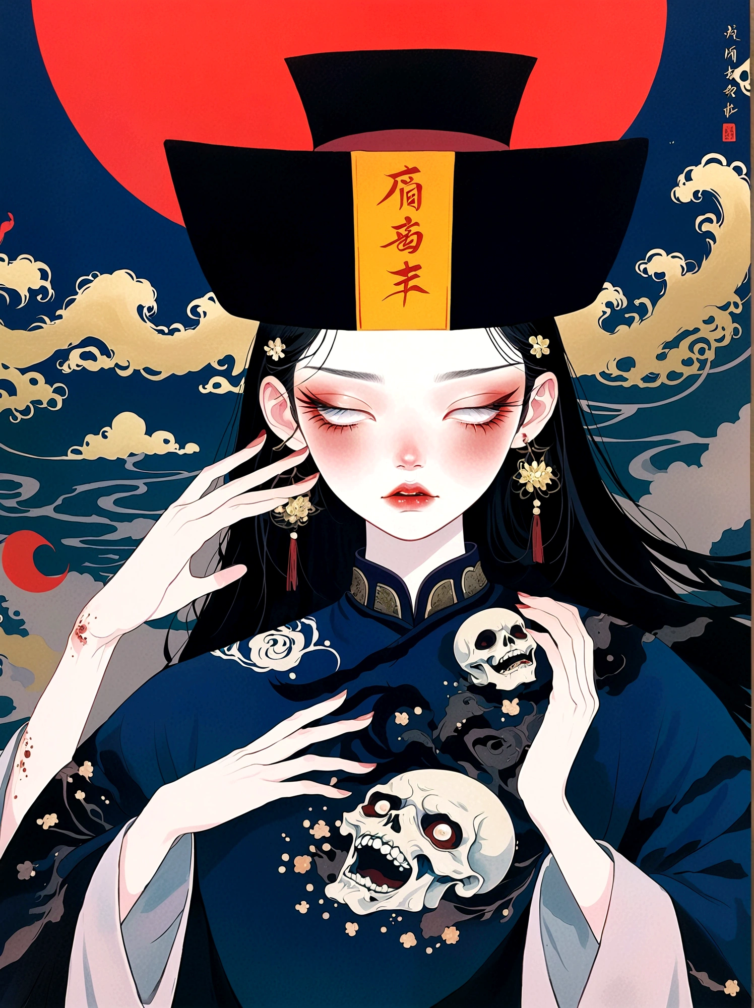 Qing Dynasty Zombie Portraits,The hat has runes on it,Japanese horror style Japanese pop surrealism, author:Yukika Kosaka, Nguyen Gia and Joao Nguyen,
