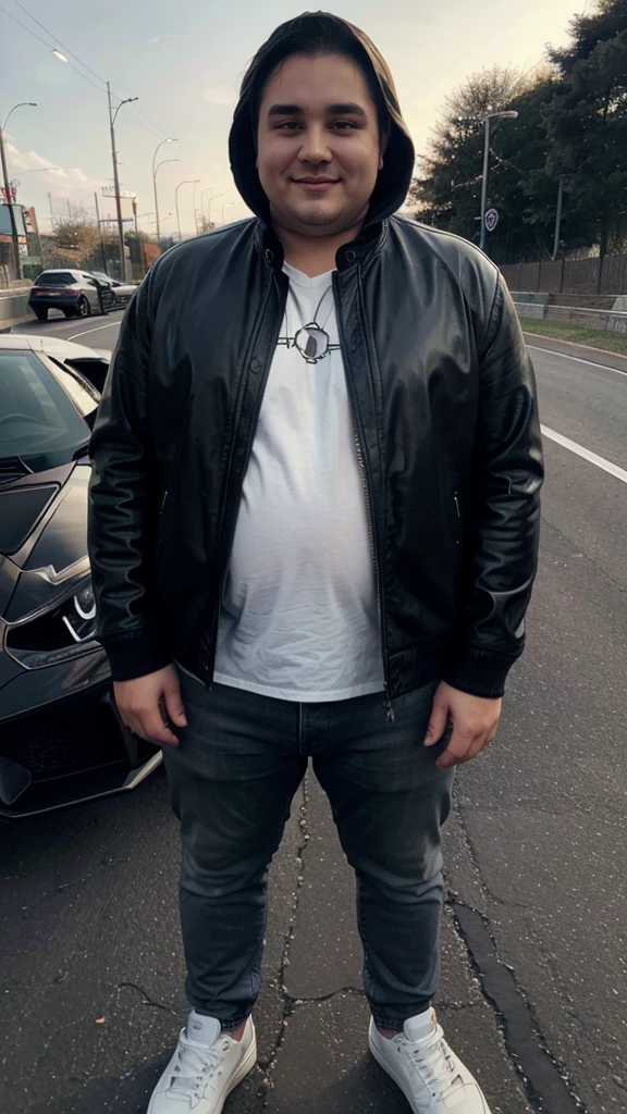 A chubby man, oval face, wearing Black leather jacket , Wear jeans, wear black shoes, is in a Highway,, with an aesthetic view, clear white lighting, is standing, smiling, Behind him is a Lamborghini car , Next to him is his wife wearing a red hijab, wearing a black leather jacket, wearing jeans, wearing shoes 