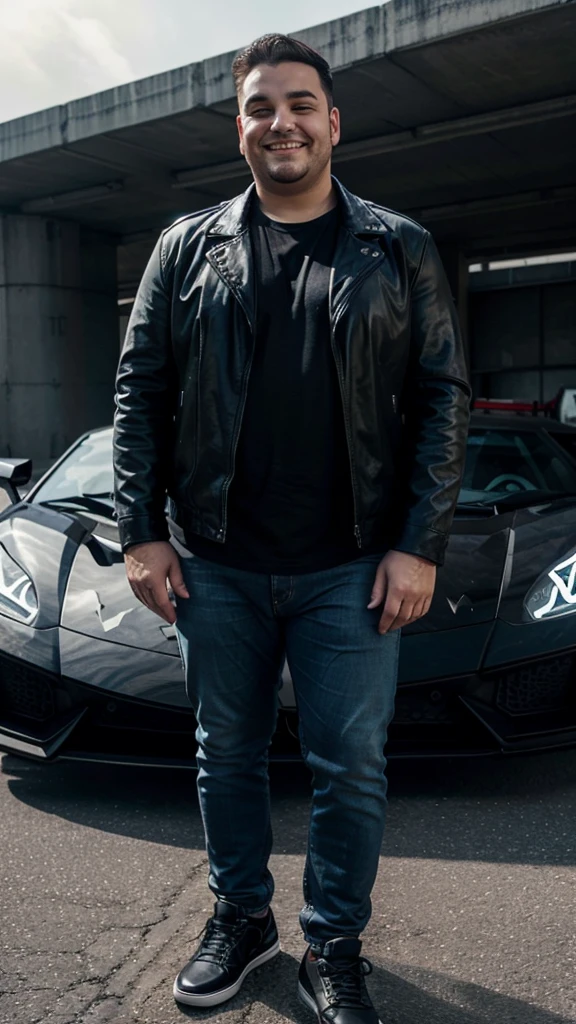 A chubby man, oval face, wearing Black leather jacket , Wear jeans, wear black shoes, is in a Highway,, with an aesthetic view, clear white lighting, is standing, smiling, Behind him is a Lamborghini car , Next to him is his wife wearing a red hijab, wearing a black leather jacket, wearing jeans, wearing shoes 
