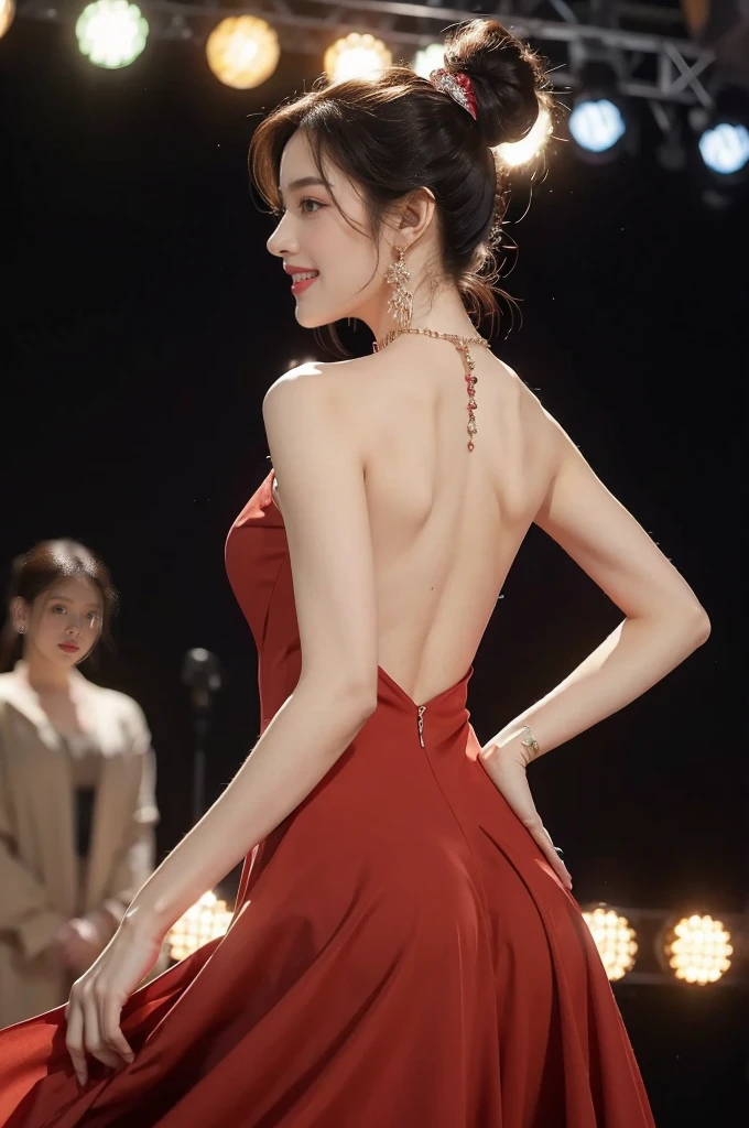 (((best quality))),(((ultra detailed))),(((masterpiece))),illustration, 1girl,singer,solo,short ponytail,laughing,slim,thin,earrings,necklace,Maxi gorgeous sparkled red gown,slender legs,on the stage, performance, passion, confidence, elegance, lighting effects, decorations, audience, melodious voice, beautiful appearance, captivating performance,standing,((upper body,from back)),((bare back,towering hips,butt crack))