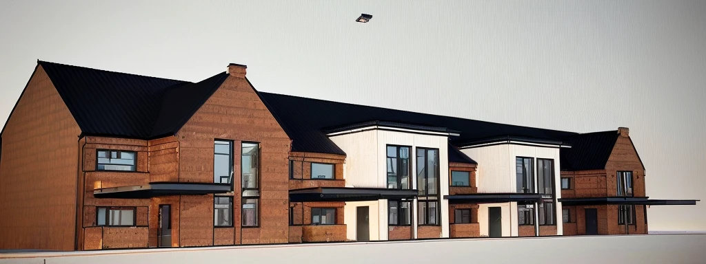 a depiction of a house with a gable roof, highly rendered, 3/4 View realistic, architectural visualization, 3D-Rendering, rendered 3D model, 3-D-Rendering, red Brickwall. traditional black standing seam roof, Sky sunny. In front of the house there is a garden with flowers. left and right part Brickwall. Netherlands. Bauhaus. White faccade