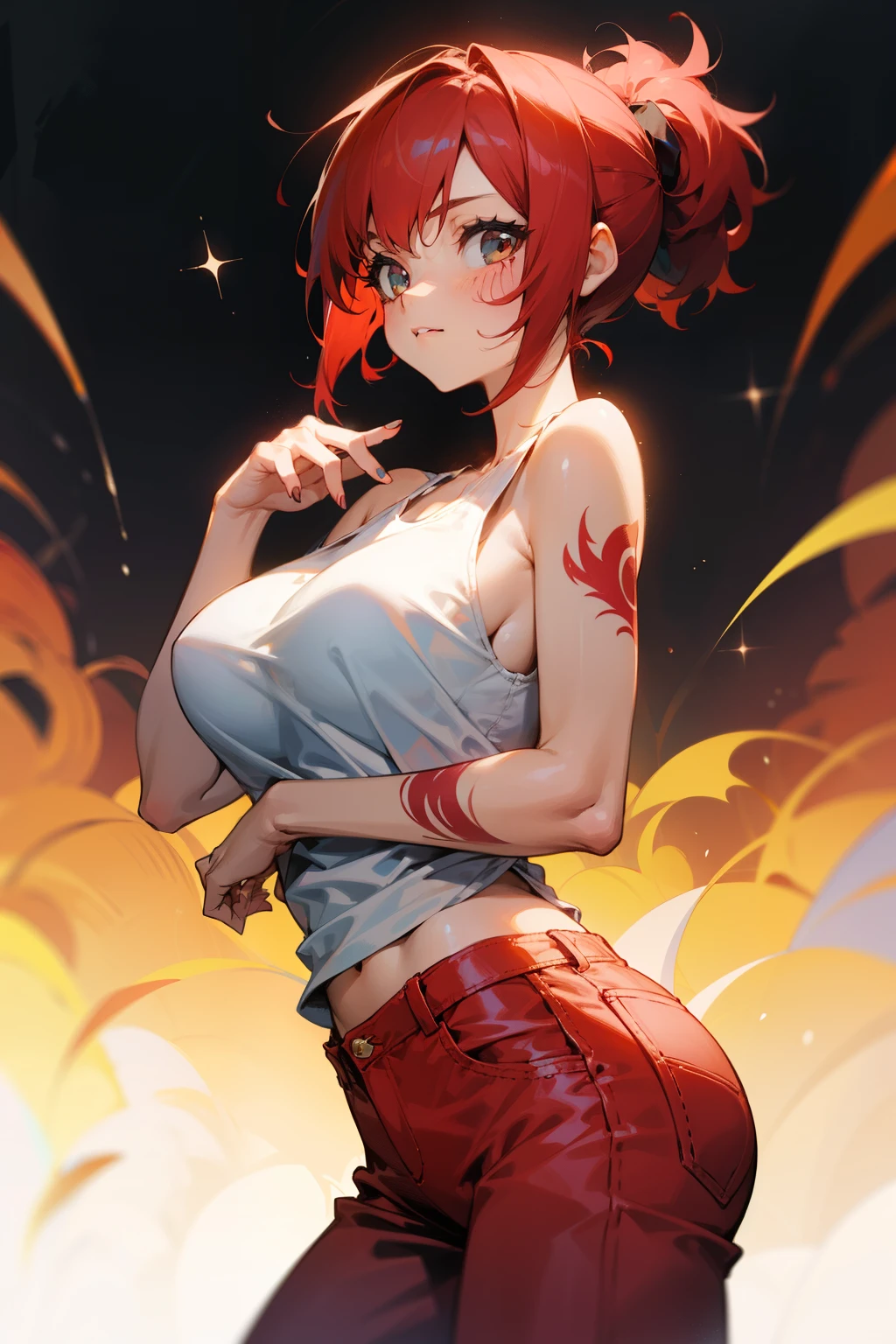 Cute girl, short red hair in a ponytail, white tank top, short loose red pants, black tattoos, big breasts,