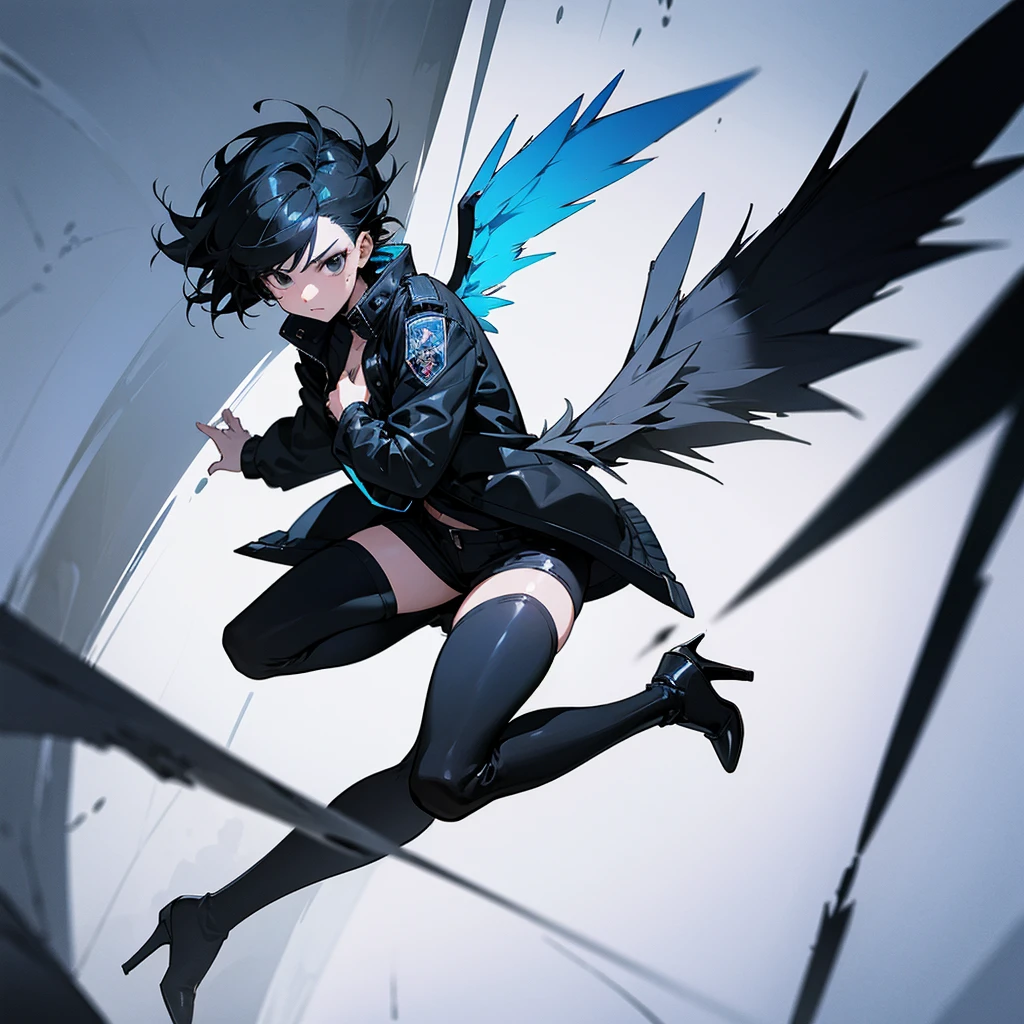 A black short spiky haired girl with black eyes she has a strong blue wings she fly's around the sky she was wearing black scared and a gray long jacket longer to the feet wearing a soft pans and boots high heels on