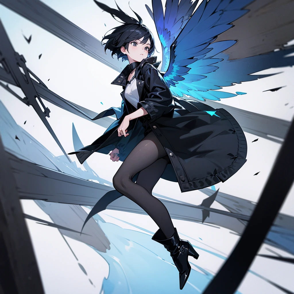A black short spiky haired girl with black eyes she has a strong blue wings she fly's around the sky she was wearing black scared and a gray long jacket longer to the feet wearing a soft pans and boots high heels on