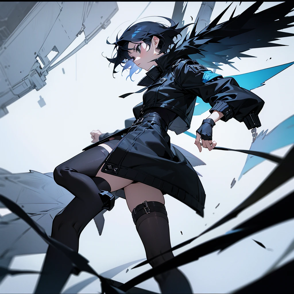 A black short spiky haired girl with black eyes she has a strong blue wings she fly's around the sky she was wearing black scared and a gray long jacket longer to the feet wearing a soft pans and boots high heels on