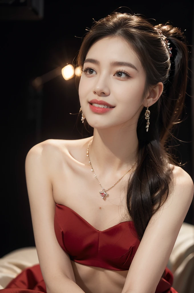 (((best quality))),(((ultra detailed))),(((masterpiece))),illustration, 1girl,singer,solo,short ponytail,open mouth,laughing,slim,thin,flat chest,small breasts,earrings,necklace,strapless gorgeous sparkled red bra,on the stage, performance, passion, confidence, elegance, lighting effects, decorations, audience, melodious voice, beautiful appearance, captivating performance,standing,close-up of face,from front
