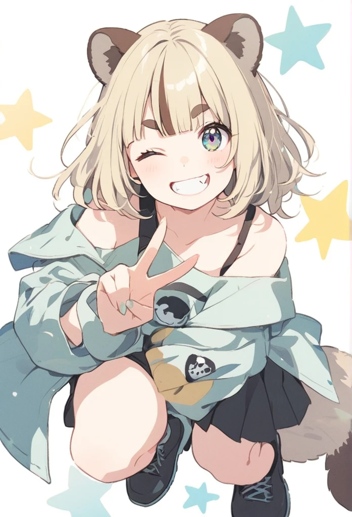 anime,(pale colors:1.8),long shot, 1girl, solo, (on right:1.3), full body, solo, grin, smile, closed one eye, dynamic angle, squating, v, fang, light yellow hair, racoon ears, racoon tail, (brown streaked hair:1.3), side braid, (blunt bangs), wavy hair,thick eyebrows, off shoulder clothes, cutout, (star background),