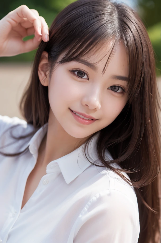 8K, RAW Photos, Highest quality, masterpiece:1.2), Super detailed, Ultra-high resolution, (Realistic, Photorealistic:1.37), High-definition RAW color photos, Professional photos, Very delicate and beautiful, Very detailed, 8K壁紙, (Beautiful and detailed eyes)、(Beautifully detailed face),Anatomically correct body shape, Natural light,low angle,from below, woman、Japanese、20-year-old, Blonde、Long Hair、 (A shy smile:1.3), Fine and beautiful skin、Skin Texture、 (Slim waist:1.2)、(E cup bust,show armpit:1.21), (school uniform, short sleeve shirt:1.25),hands on hair,Standing,Sharp focus、The background is a realistic school interior