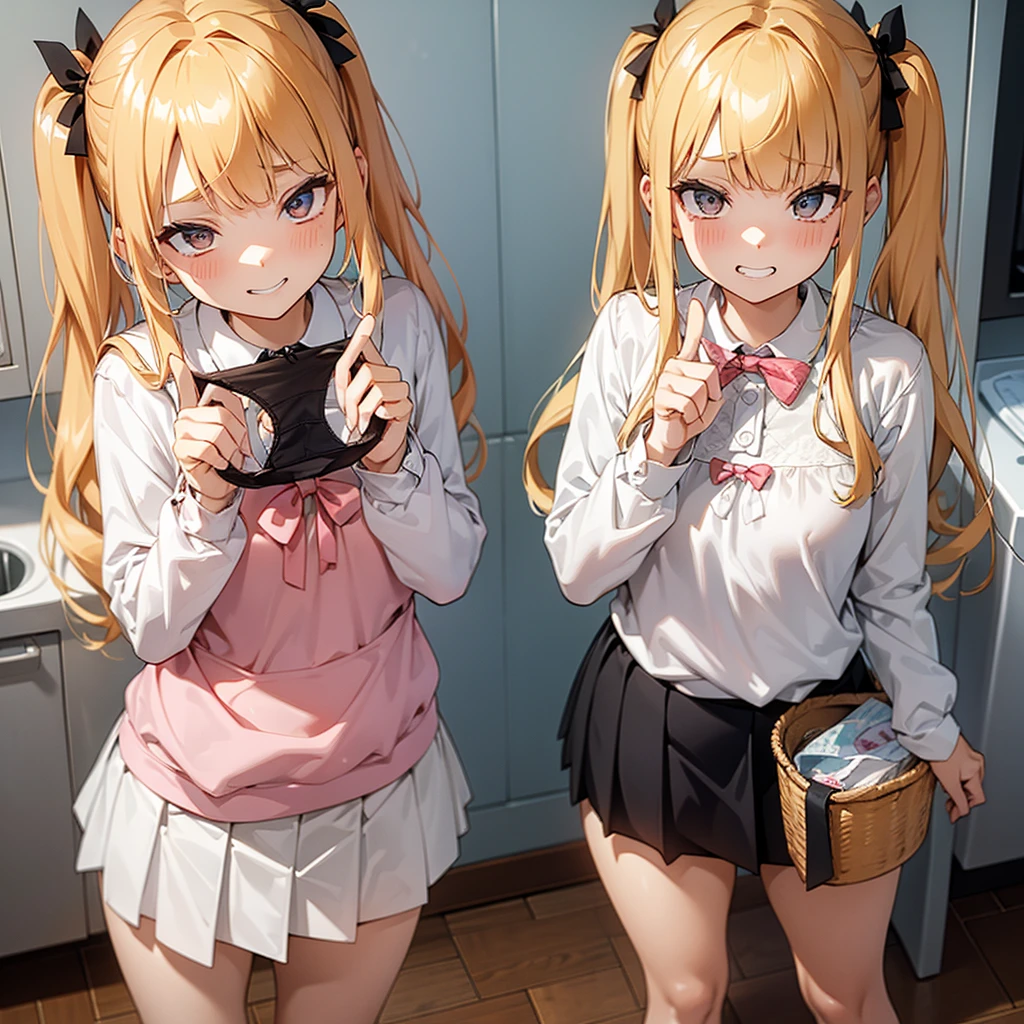 One girl,
Laundry room, Laundry basket, a few underwears are in a Laundry basket,
Blonde, {{{Half Twin Tail:1.3}}}、break,blush, bow, 赤いbow, Long sleeve, shirt, 襟付きのshirt, skirt, プリーツskirt, 黒いskirt, Small breasts,
,Upper Body,,Pay attention to the panties,Quality underwear,
Look down,View your viewers,
Panties as a gift,
Tabletop, Highest quality, , Absurd, Perfect Skin, Detailed skin texture, Ultra-detailed, 8K, Intricate details, Beautifully detailed face,High resolution,
{{{Shadowed face}}}, mock, {{{Grit your teeth:1.2}}}, Grin, smile, Looking down at the viewer, masterpiece,Absurd, Beautiful detailed face when viewed from the front,