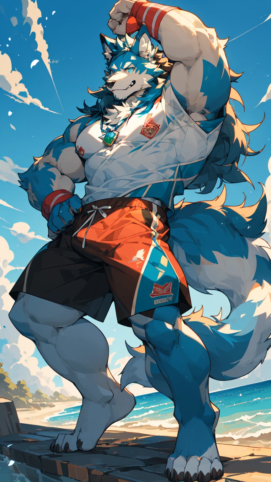 Sunlight,high resolution,4K,love,(((whole body))),masterpiece,high quality,Brave and bold,((Wolf)),male,((Strike a pose:1.5)),WolfFurry,(Middle-aged uncle),hairy,((charming,Smiling Face,Long hair)),((peaceful,Ease)),((strong,tall and big:1.3,thin long ears:1.2,Well-proportioned limbs:1.3,Wolf尾巴:1.3,Bigfoot:1.2,Meat pad:1.2,?????? bulge)),(((Red and black sports shorts))),(((Green ears,Dark blue head,dark blue back,Dark blue limbs,White breast,White belly,Blue pupils))),charming脸庞,AttentiontoDetail,Detailed body,Detailed hands
