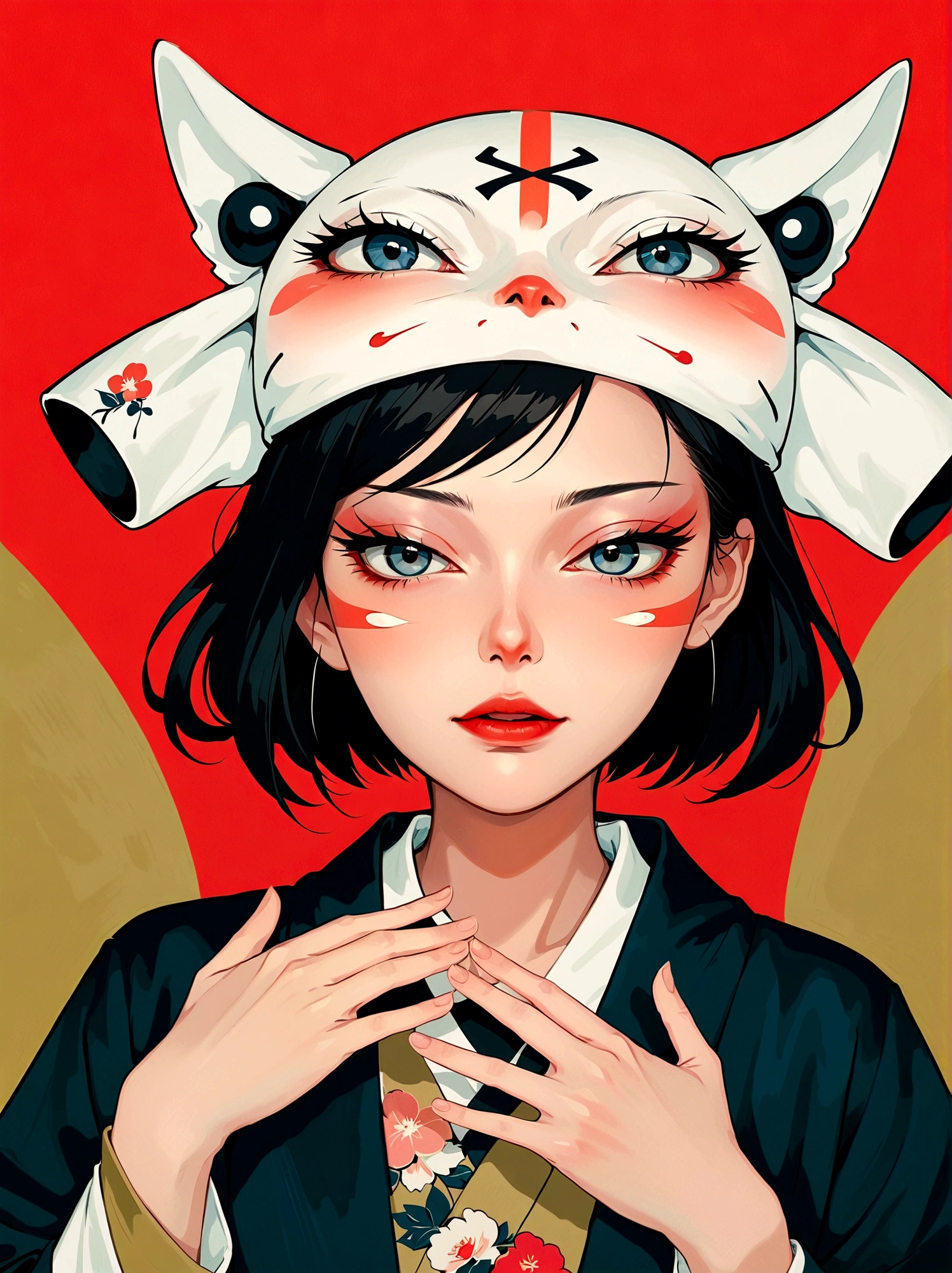 Anime style，A woman with her hands on her face, Japanese pop surrealism, Kuvshinov ilya, author：Shinoda Toko, Sachinteng, Japanese pop surrealism, author：Hironaka Harumi, Gu Weiss, artwork in the style of Gu Weiss, inspired by Yanjun Cheng, Kuvshinov, inspired author：Hironaka Harumi