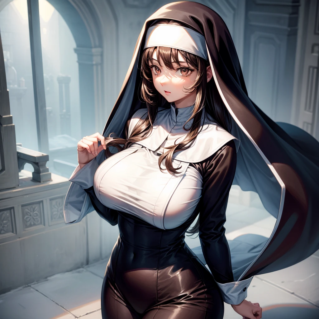 long dark hair / big tits / brown eye / nun outfit