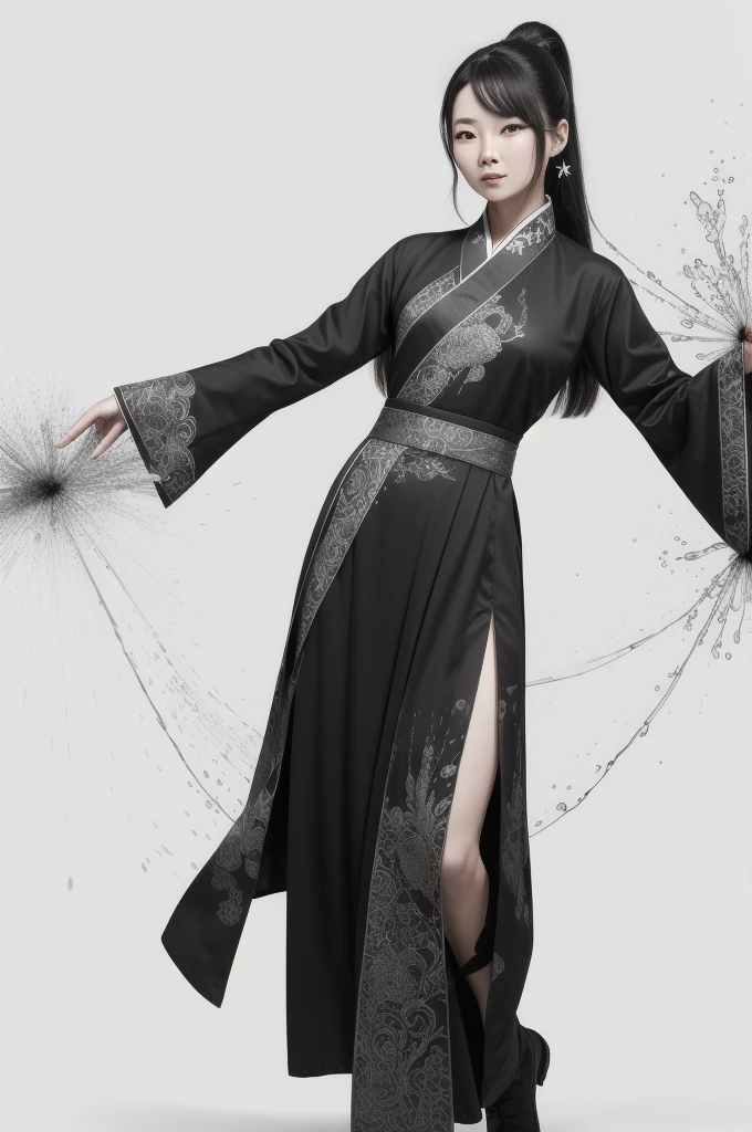 zydink, monochrome, ink sketch, asian (middle age woman), fighting stance, looking at viewer, long hair, floating hair, hanfu, chinese clothes, long sleeves, (abstract ink splash:1.2), white background