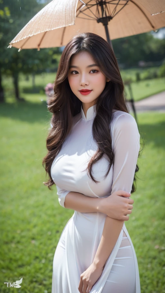 detailed body, attractive body, perfect human body, realistic face,
(ultimate quality, masterpiece, highres:1.0), realistic:1.6, photorealistic,
[8k UHD photos, UHD high quality photos, Super detailed and super clear images],
Close-up of 2 Vietnamese girl with a beautiful face and balanced body, leggy, round face, big round eyes, Charming smile, Red lips, long curly eyelashes, big dimples, pointed chin, plump face, Her face resembles Tuyet Linh, Tall and plump figure, line bra,
wearing a bright and white shiny satin silk ao dai, Two girls stood hugging each other in the rain, pose sexy,
Satin silk ao dai,