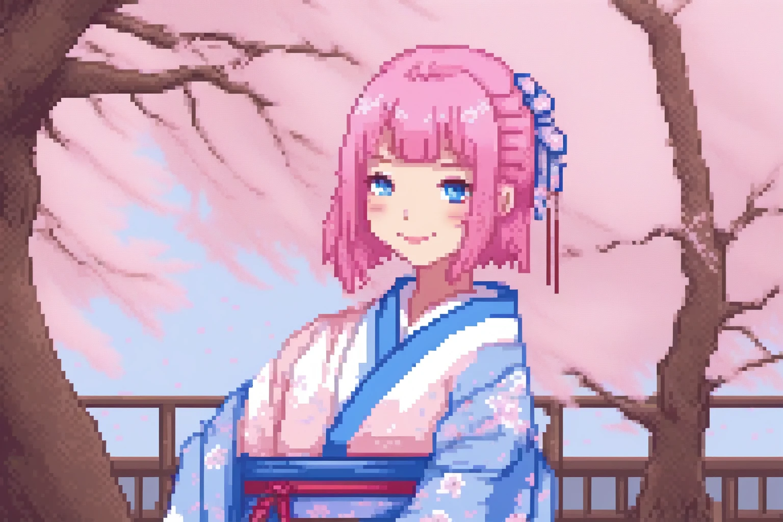 (masterpiece, Best quality:1.2), POV, just concentrate, upper body, 1 girl, Hand on someone else's cheek, smile, pink hair, Blue eyes, japanese clothes, kimono, cherry blossom trees