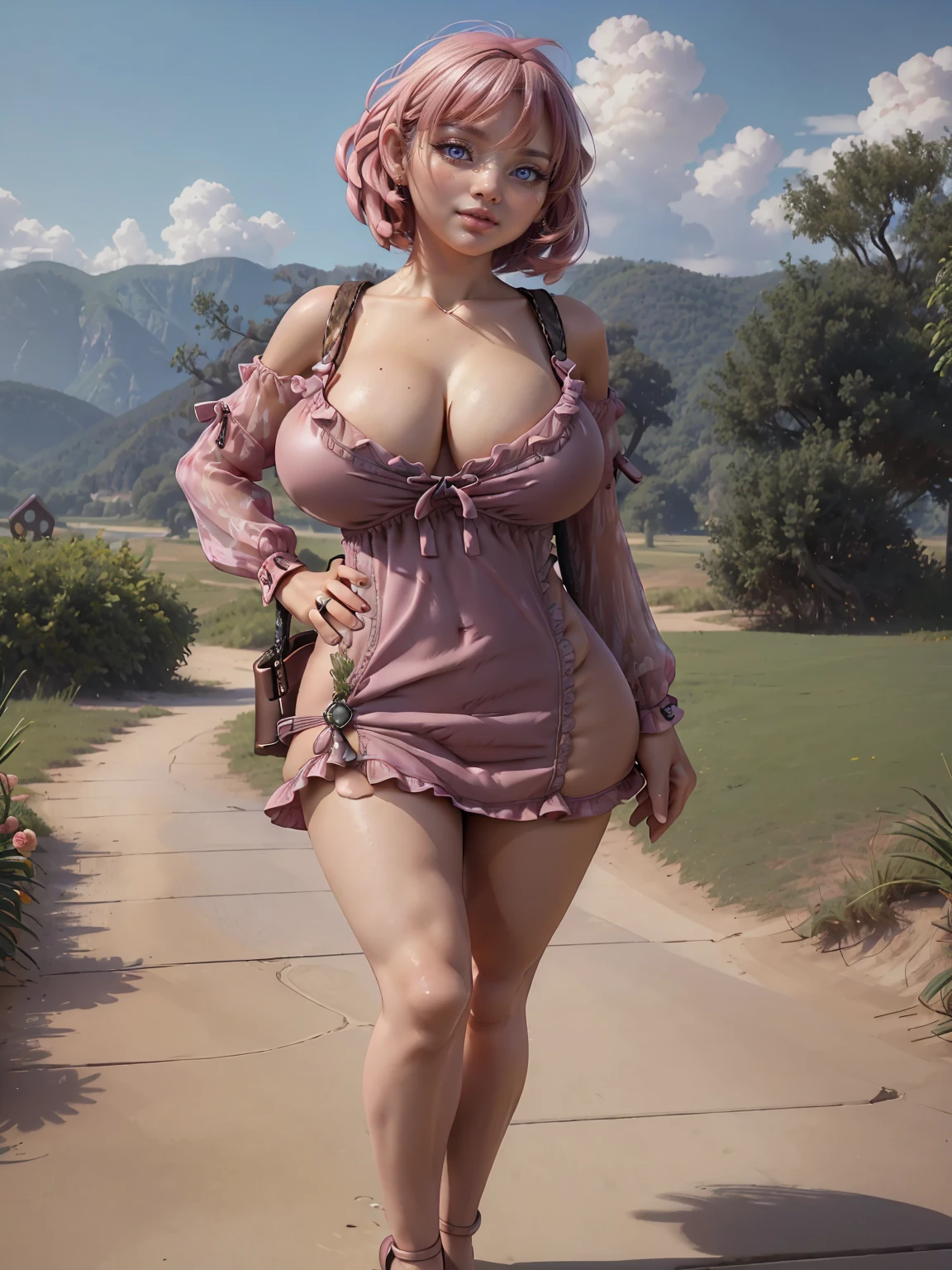 (masterpiece:1.2), (best quality), (ultra detailed), (8k, 4k, intricate),(half body:1.2),(cowboy:1.2),(highly detailed:1.2),(detailed face:1.2), (detailed background),(portrait),detailed landscape,(dynamic pose:1.2),hana 1girl, solo, breasts, looking at viewer, blush, smile, short hair, open mouth, large breasts, (mini dress:1.9), (white panties stringi:1.2)holding,cleavage, bare shoulders, green eyes, collarbone, full body, pink hair, outdoors, sky, day, cloud, bag, (red mini dress), pink dress, handbag, off-shoulder dress(((full body))) , (((sexy pose, model pose, standing pose)))((Huge hips:1.3))