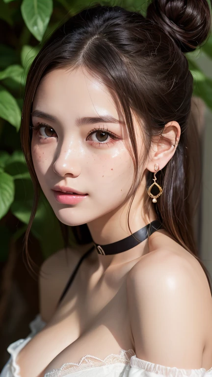 1 Girl, very cute, Great face and eyes, (Highly detailed beautiful face), (Ultra Realistic), (Highly detailed eyes, Highly detailed hair, Highly detailed face, Very detailed full lips), (Off the shoulder), chest, Upper Body, smile:1.1, (Highest quality:1.4), RAW Photos, (Realistic, photo-Realistic:1.37), Professional photography, Cinematic Light, double bun、Add light to your hair、Earrings、forehead、freckles、choker、cleavage 、Highly detailed eyesの解像度、Open your mouth a little、Armpits、With open arms