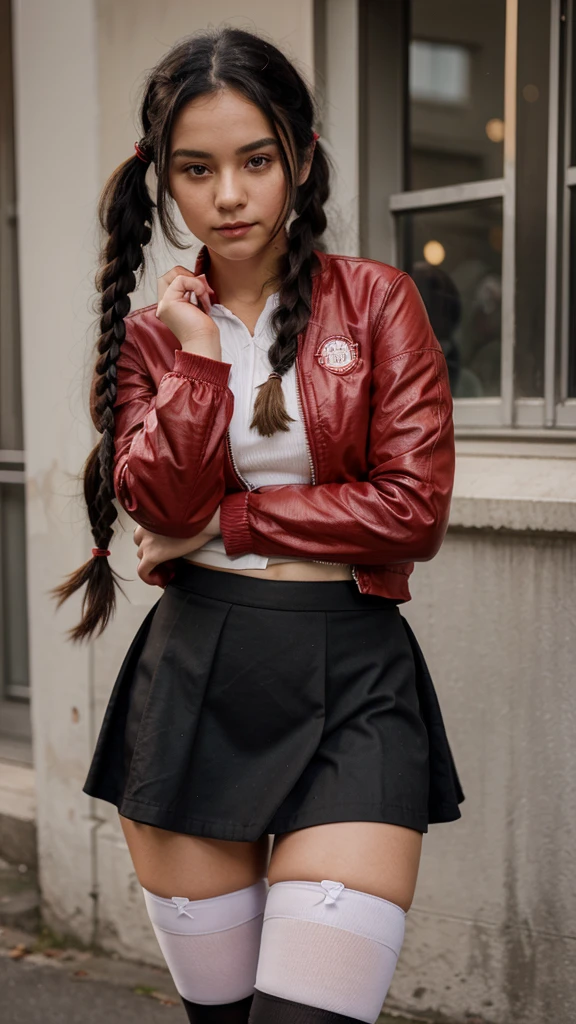 19 year old girl medium long black hair tied in 2 pigtails With short skirt, short stockings and red jacket