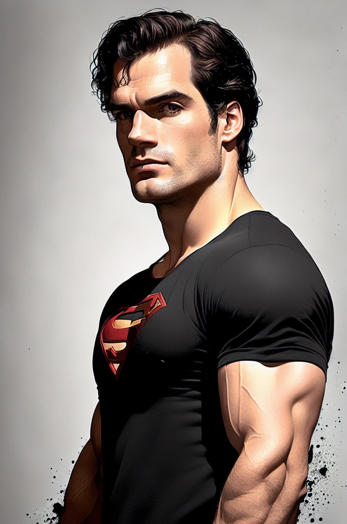 Portrait of a Henry Cavill by Greg Rutkowski, wearing black t-shirt, highly detailed portrait, digital painting, artstation, concept art, smooth, sharp foccus ilustration, Artstation HQ.