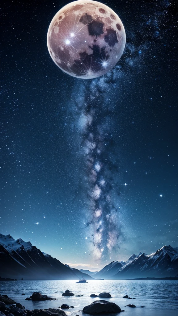 (16K, Ultra high quality, QHD+), moon, snow mountain, star, galaxy, stars, clouds, sea, moonlight, beautiful scene, night scene