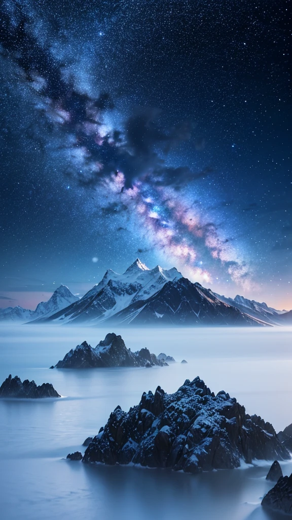 (16K, Ultra high quality, QHD+), moon, snow mountain, star, galaxy, stars, clouds, sea, moonlight, beautiful scene, night scene