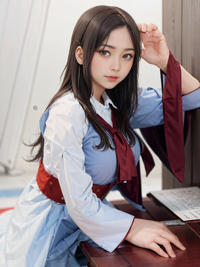 raw photo, 1girl, cute face, beautiful face, medium breast, collared blouse, White blouse, light smile, Upper body, detailed skin, pore, simple background, frontal face, wallpaper, photorealistic, anatomically correct, masterpiece, best quality, UHD,Masterpiece
