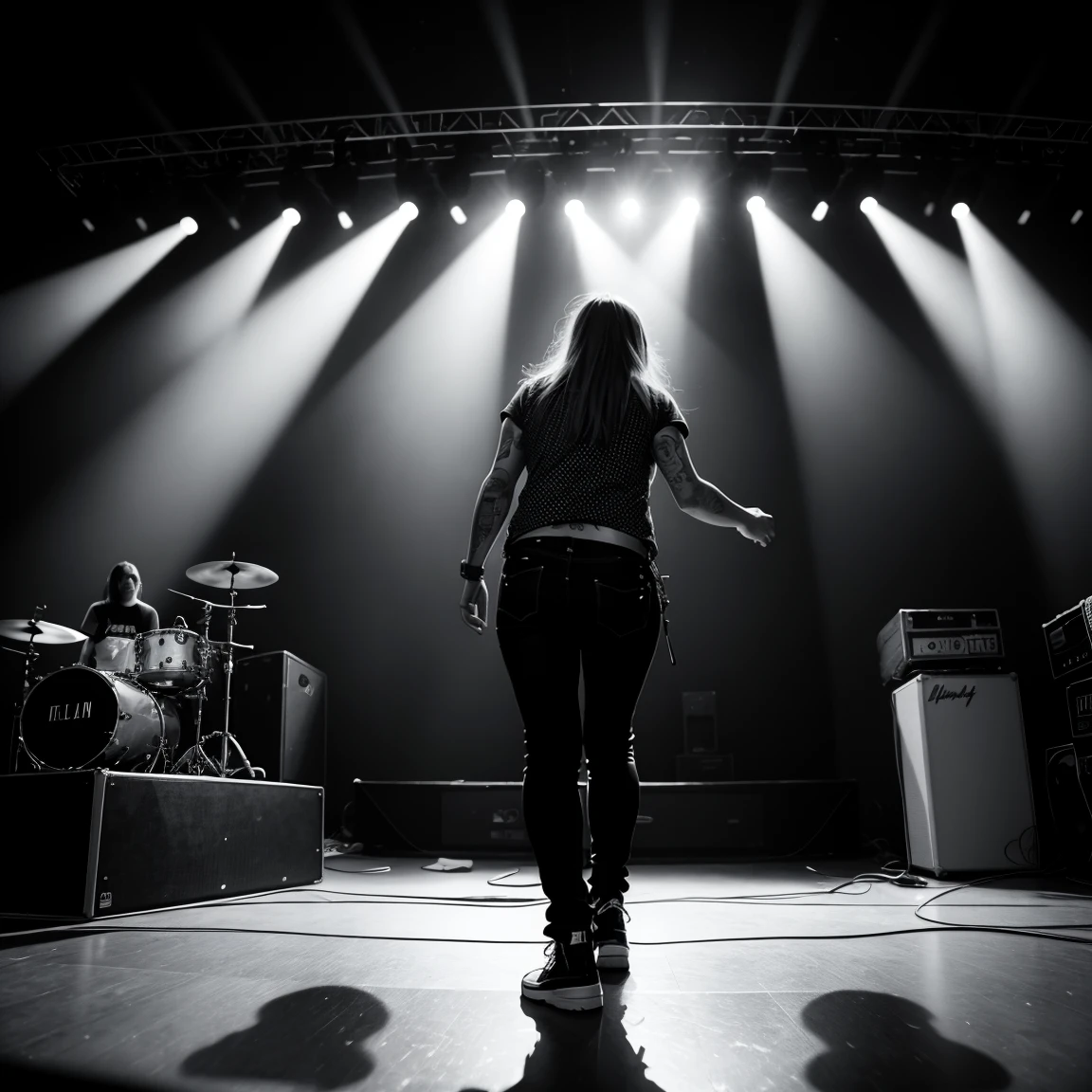 high quality documental photography of a metal band in the stage, playing hard, black and white photo, grain photo, random creative angles, so many public, epic photography