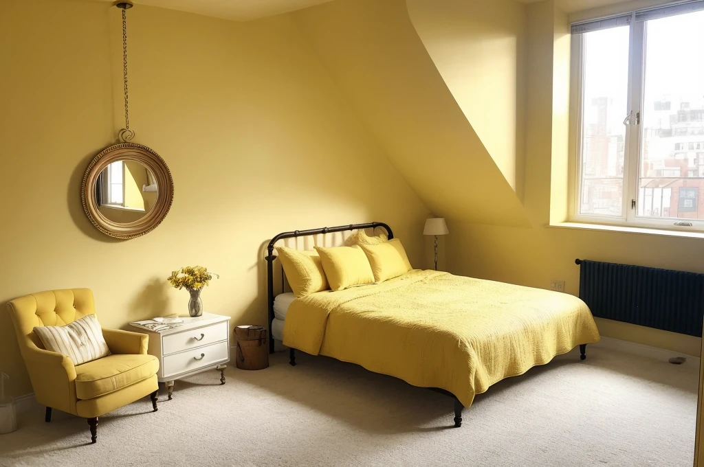 there is a bed with a yellow comforter and a chair in a room, round mirror on the wall, bedroom interior, natural light in room, interior of room, picture of a loft in morning, warm interior, stylish decor, inside of a bedroom, bright daylight indoor photo, an interior of room, brightly lit room, bedroom background, personal room background