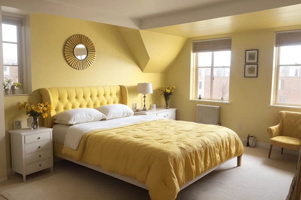 there is a bed with a yellow comforter and a chair in a room, round mirror on the wall, bedroom interior, natural light in room, interior of room, picture of a loft in morning, warm interior, stylish decor, inside of a bedroom, bright daylight indoor photo, an interior of room, brightly lit room, bedroom background, personal room background