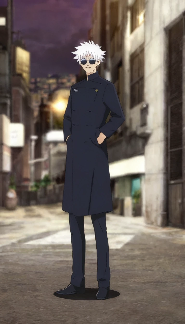 gojou satora, One boy,  cool,manly,In the city at night , Jacket, Upper Body, Male Focus,  black Jacket, sunglasses, High collar, Round Glasses, gakuran, smile