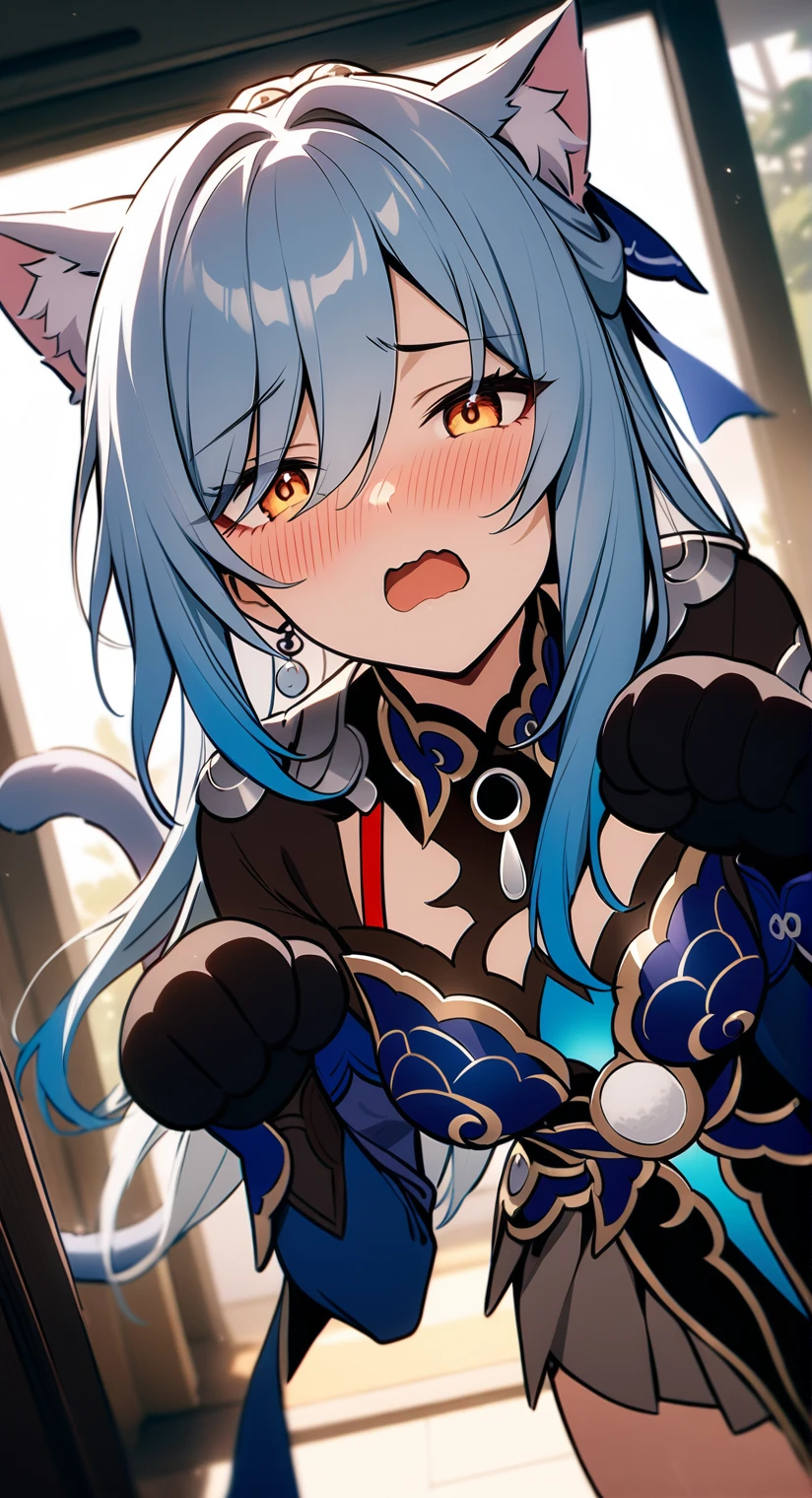 cinematic lighting, best quality, masterpiece, highres, detailed, perfect anatomy,jingliu \(honkai: star rail\), cat ears, cat tail, paw gloves, paw pose, indoor, blushing, open mouth, wavy mouth