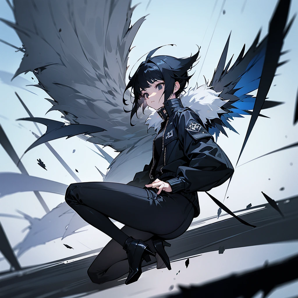A black short spiky haired girl with black eyes she has a strong blue wings she fly's around the sky she was wearing black scared and a gray long jacket longer to the feet wearing a soft pans and boots high heels on