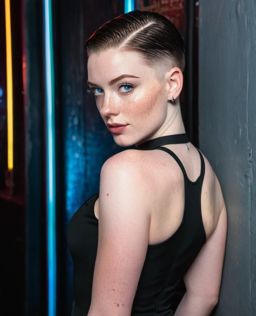 Muscular college girl with large breast and a large butt, blue eyes, pale skin, freckles and a nose piercing with a short slicked back men’s haircut with both sides of her head shaved wearing a tight black dress in a night club 