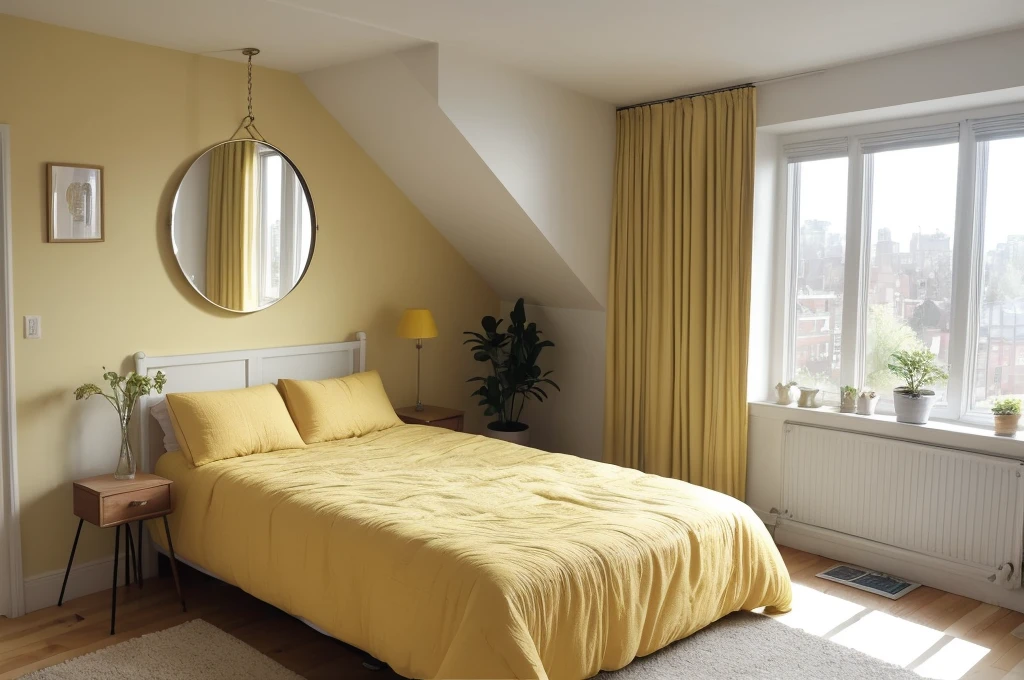 there is a bed with a yellow comforter and a chair in a room, round mirror on the wall, bedroom interior, natural light in room, interior of room, picture of a loft in morning, warm interior, stylish decor, inside of a bedroom, bright daylight indoor photo, an interior of room, brightly lit room, bedroom background, personal room background