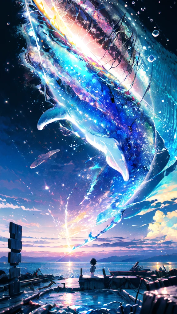 a beautiful girl in the night sky, (best quality,4k,8k,highres,masterpiece:1.2),ultra-detailed,(realistic,photorealistic,photo-realistic:1.37),1girl,starry night sky,whale,night,lone girl,city lights,fine bubbles,night sky,bubble,moon,watercraft,outdoors,short hair,ocean,cloud,coloured glaze