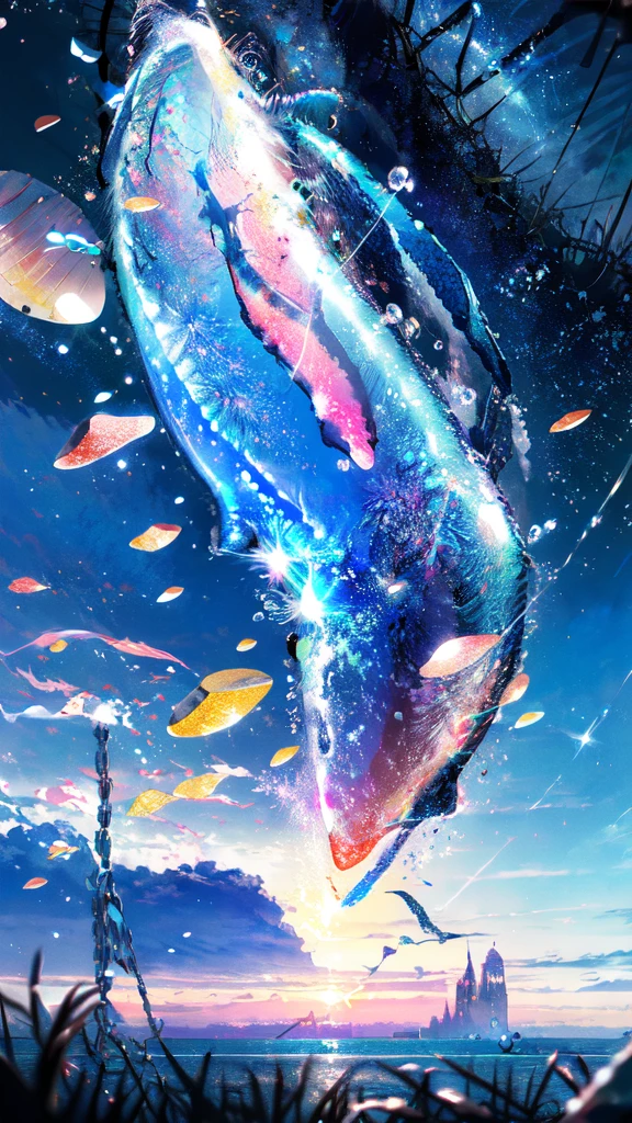 a beautiful girl in the night sky, (best quality,4k,8k,highres,masterpiece:1.2),ultra-detailed,(realistic,photorealistic,photo-realistic:1.37),1girl,starry night sky,whale,night,lone girl,city lights,fine bubbles,night sky,bubble,moon,watercraft,outdoors,short hair,ocean,cloud,coloured glaze