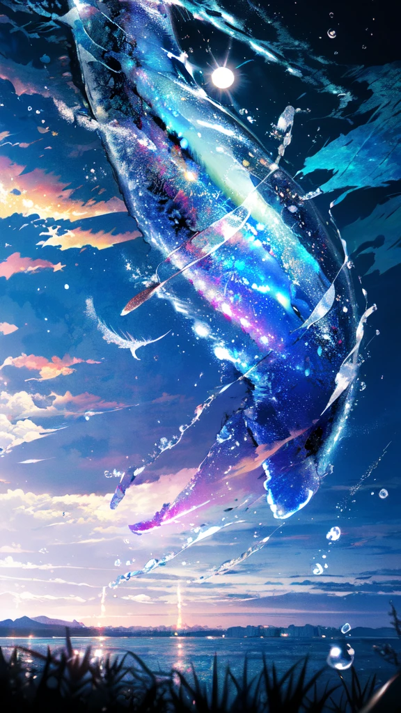 a beautiful girl in the night sky, (best quality,4k,8k,highres,masterpiece:1.2),ultra-detailed,(realistic,photorealistic,photo-realistic:1.37),1girl,starry night sky,whale,night,lone girl,city lights,fine bubbles,night sky,bubble,moon,watercraft,outdoors,short hair,ocean,cloud,coloured glaze