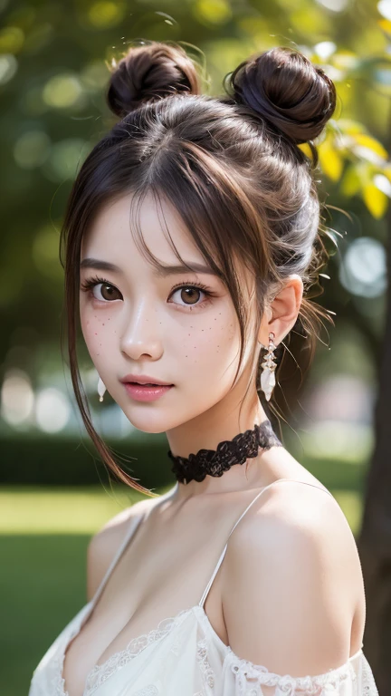 1 Girl, very cute, Great face and eyes, (Highly detailed beautiful face), (Ultra Realistic), (Highly detailed eyes, Highly detailed hair, Highly detailed face, Very detailed full lips), (Off the shoulder), chest, Upper Body, smile:1.1, (Highest quality:1.4), RAW Photos, (Realistic, photo-Realistic:1.37), Professional photography, Cinematic Light, double bun、Add light to your hair、Earrings、forehead、freckles、choker、cleavage 、Highly detailed eyesの解像度、Open your mouth a little、Armpits、With open arms、Small breasts